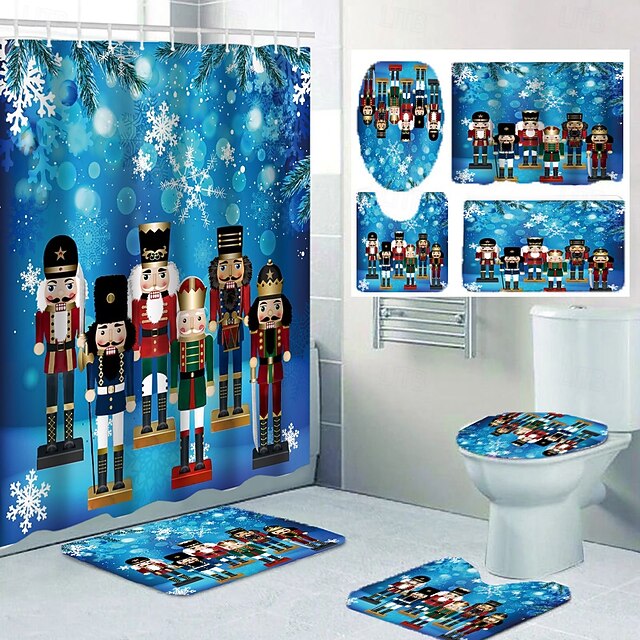 4Piece Christmas Shower Curtain Set with 12 Hooks, StainResistant