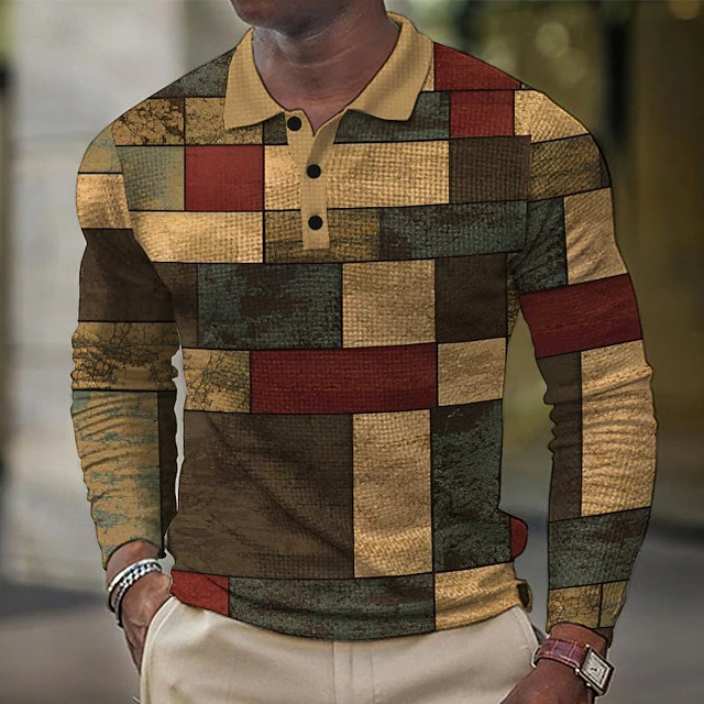 Men's Plaid Waffle Polo Shirts Golf Shirt Long Sleeve Polo Shirts Collared Shirts Vintage Casual Vacation Wear Formal Wear Festival Wear Buttons 3D Print Spring Fall Winter Army Green4
