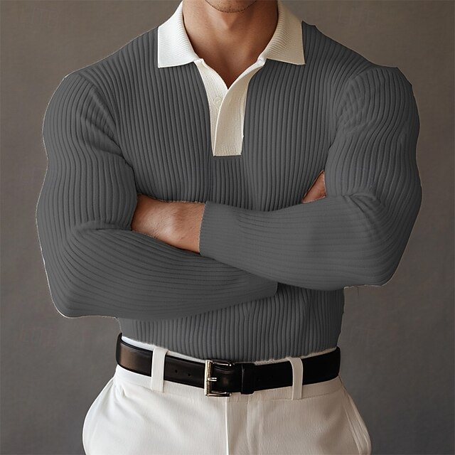 Men's Polo Shirt Golf Polo Formal Work Ribbed Polo Collar Long Sleeve