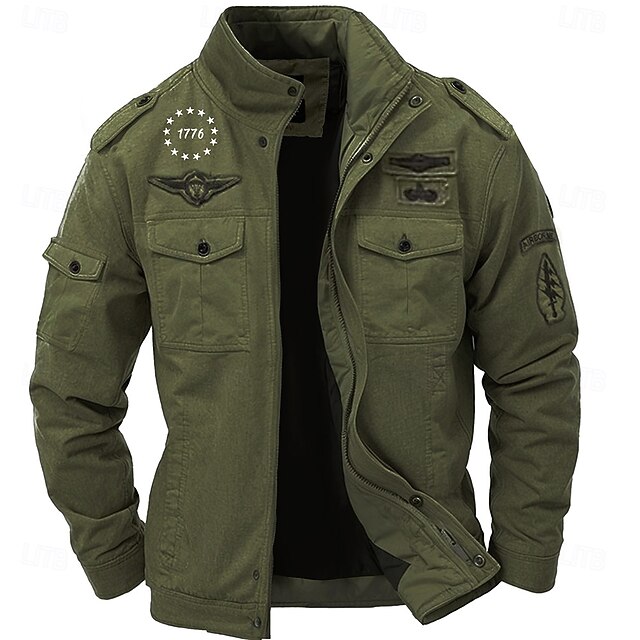 Men's Cotton Embroidered Military Jacket with Shoulder Straps Long