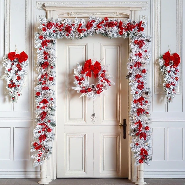 Christmas Flocking Wreath Garland Outdoor for Front Door Winter Wreath Window Wall Decoration Wreath Door Hanging Xmas Garland Decorations Christmas Wreath Rattan Upside Down 18