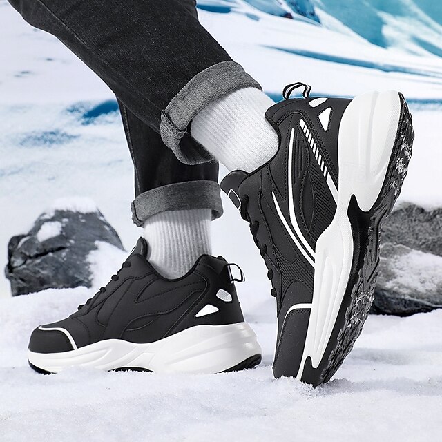 Men's Black Running Sneakers with Fur Lining, Winter Warm Athletic