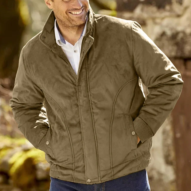 Men's Fleece Jacket Polar Fleece Faux Suede Jacket Home Office Windbreaker Pocket Winter Spring & Fall Color Block Vintage Classic Style Regular Black Navy Blue Khaki Army Green Jacket 14