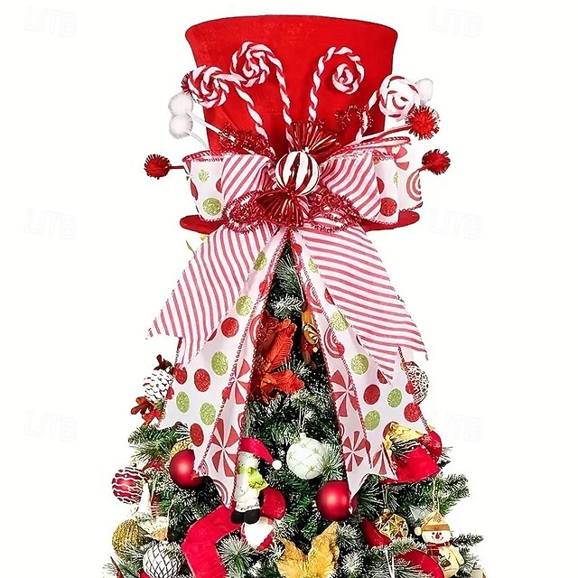  topo de árvore de natal clássico de poliéster vermelho com laço de palito de doce - perfeito para decoração de feriados em ambientes internos &uso externo