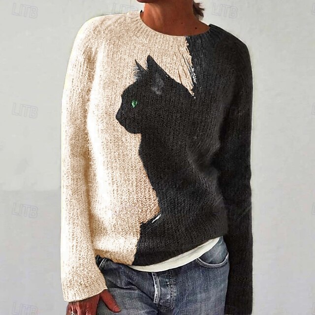 Women's Sweater Daily Graphic Crew Neck Print Long Sleeve Regular Tops Knit Formal Weekend White / Black Fall Winter4
