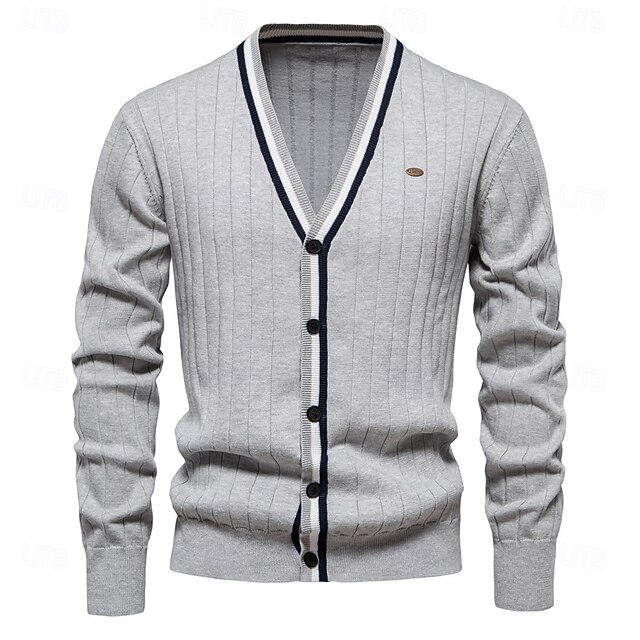 Men's Cardigan Sweater Knit Button Up with White Trim Striped Deep V