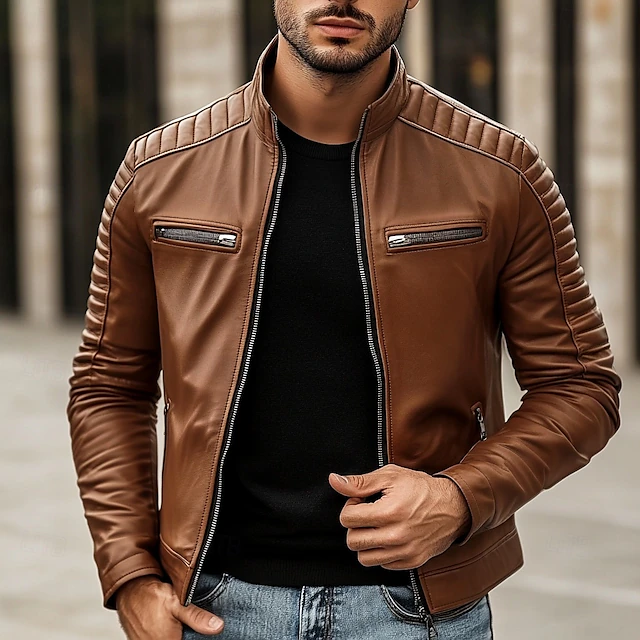 Men's Faux Leather Jacket Biker Jacket Motorcycle Jacket Daily Thermal Warm Rain Waterproof Zipper Fall & Winter Solid Colored Punk Vintage Stand Collar Regular Black Yellow Coffee Jacket 7