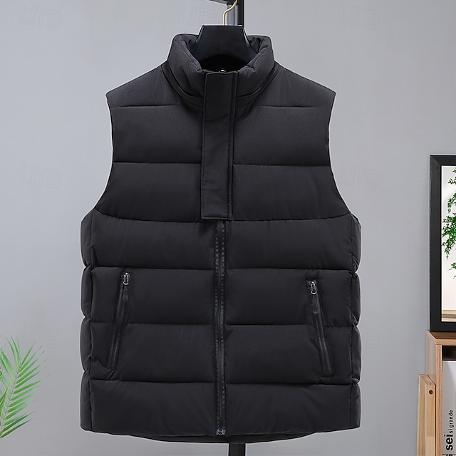  Herre Puffer Vest Polstret Gilet Vattert vest Daglig Stevnemøte Feriereise Mote Fritid Høst vinter Lomme Polyester Hold Varm Bekvem Helfarge Glidelås Med hette Normal Svart Mørkerød Rød Vest