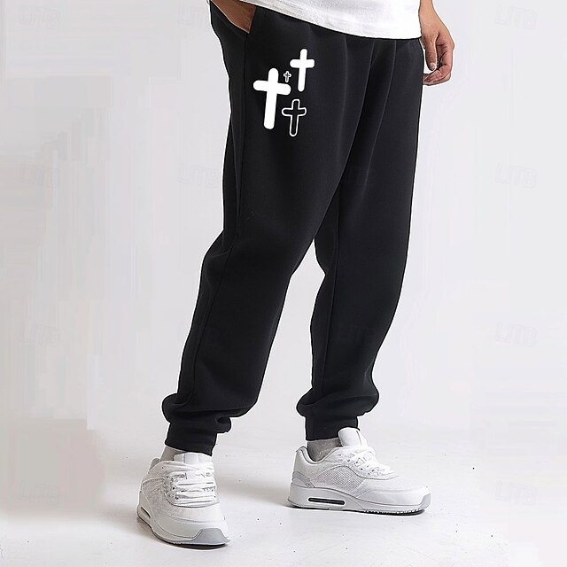 Men's Cross Sweatpants Joggers Pants Trousers Mid Waist Drawstring Elastic Waist Fashion Casual Outdoor Street Dailywear Pocket Spring Fall Winter 3D Print Black4