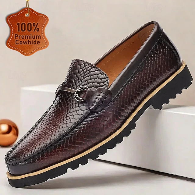 Men's Snakeskin Leather Loafers with Metal Bit Detail - Premium Cowhide Shoes for Formal & Casual Wear 9