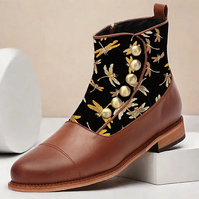 Men's Victorian Faux Leather Ankle Boots with Embroidered Dragonfly Jacquard Fabric and Gold Button Accents – Vintage-Inspired Dress Boots 8