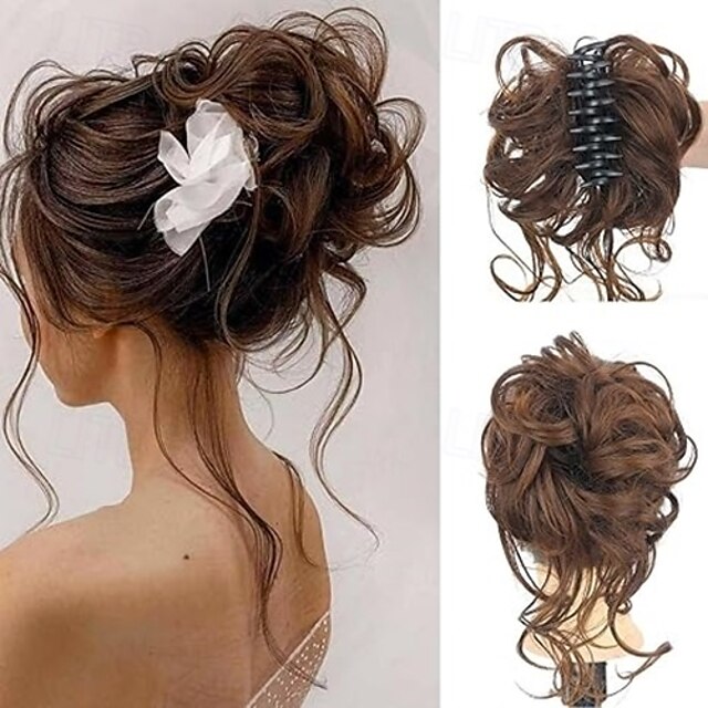  Chignon en désordre, postiche à pince, chignon synthétique, chignon ébouriffé avec vrilles, extensions de cheveux, chignon bouclé, ondulé, faux cheveux, chouchous, accessoires pour cheveux pour femmes