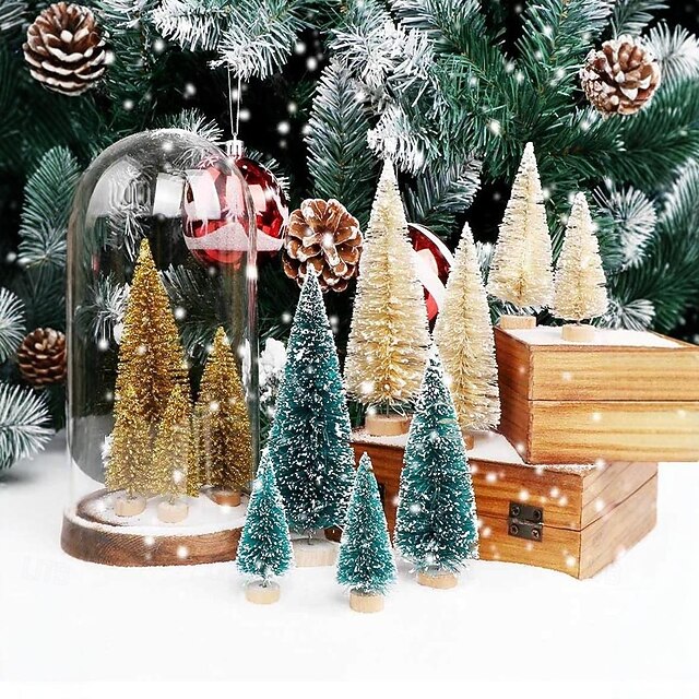 9pcs Mini Christmas Tree Set Delightful Wooden Base Sisal Brush Trees