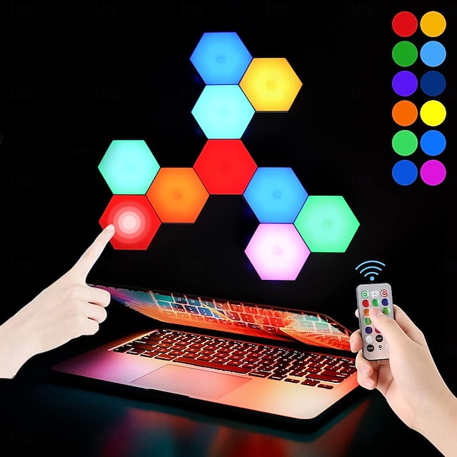  LED Smart Light Hexagonal LED Remote Control Wall Light, Modular Touch Color DIY Lighting for Bedroom, Bathroom, Living Room, Parties and Holidays 6-10 Piece Set