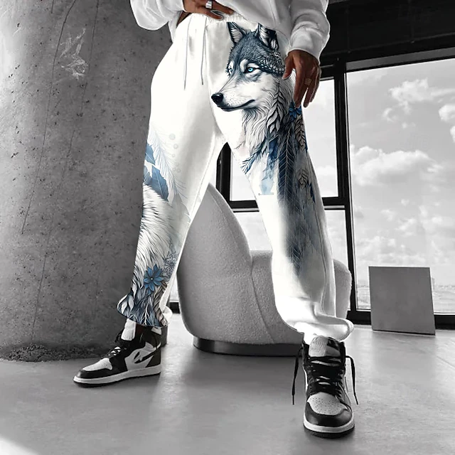 Men's Sweatpants Joggers 3D Print Wolf Full Length Outdoor Party Daily Stylish Casual White Micro-elastic4