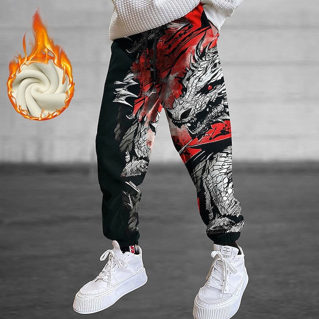  Per uomo Drago Pantaloni della tuta in pile Vita elastica con coulisse Informale Scuro Esterno Interni Abiti da sera per feste Tasche Termale Inverno Stampa 3D Rosso
