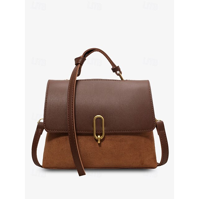 Vintage Brown Faux Leather and Suede Crossbody Handbag Elegant Top