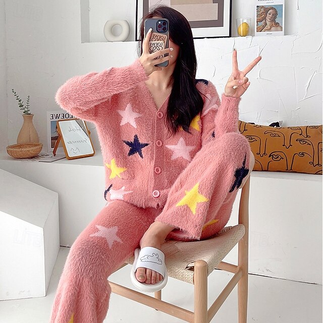 Women's Pajamas Loungewear 2 Pieces Graphic Active Casual Home Daily Fleece Warm Breathable V Neck Long Sleeve Cardigan Pant Fall Winter Home Outfits 6