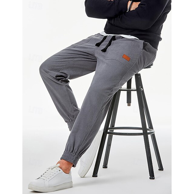  Men's Sweatpants Joggers Corduroy Pants Trousers Casual Pants Pocket Drawstring Elastic Waist Plain Comfort Soft Full Length Sports Outdoor Casual Daily Fashion Stylish Black Khaki