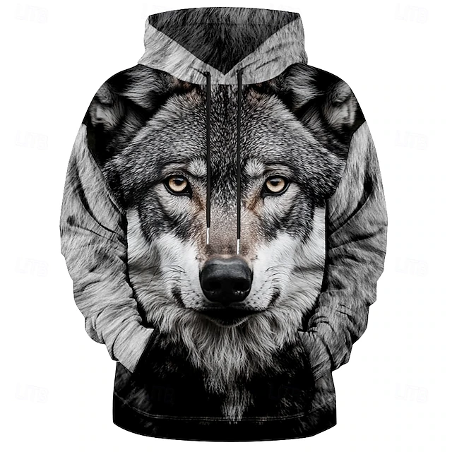 Men's Wolf Hoodie Hoodies Sweatshirt Daily Casual Long Sleeve Hooded Vacation Sports Outdoor Streetwear Gray Print Front Pocket Spring & Fall Designer4