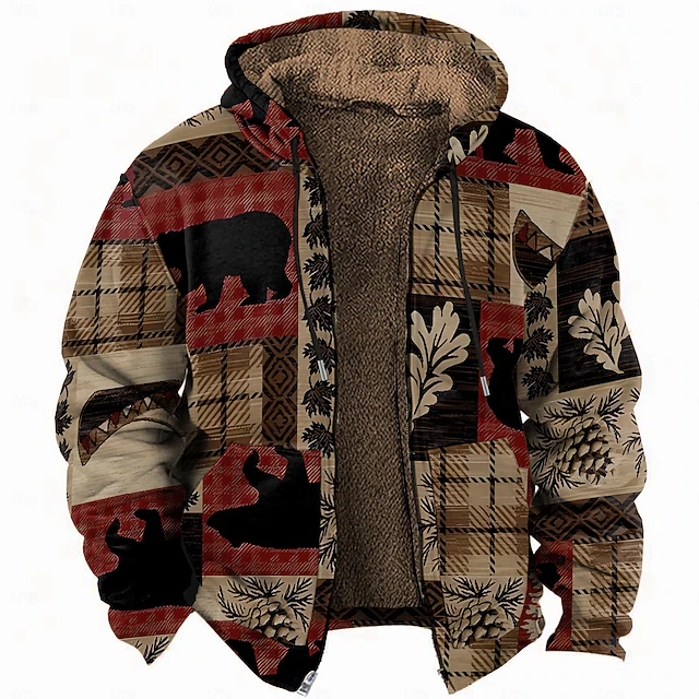 Men's Bear Folk Fleece Hoodie Hoodies Fashion Ethnic Long Sleeve Hooded Vacation Sports Outdoor Streetwear Brown Drawstring Fall Winter Designer4