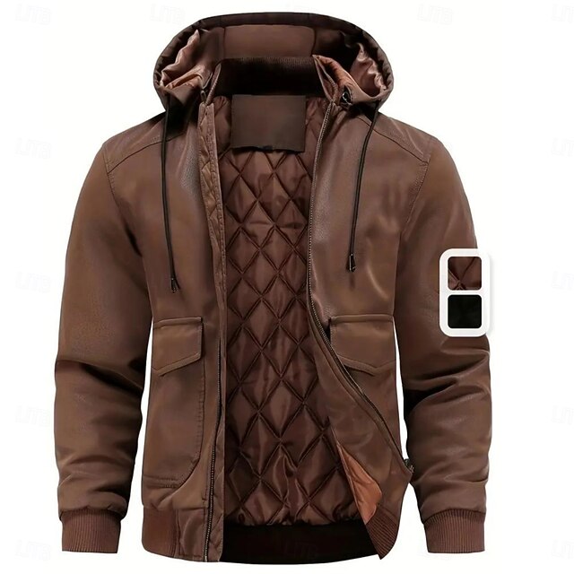 Men's Faux Leather Jacket Hoodied Jacket Motorcycle Jacket Home Office Windbreaker Pocket Detachable Hood Winter Spring & Fall Color Block Vintage Classic Style Regular Black Brown Jacket 7
