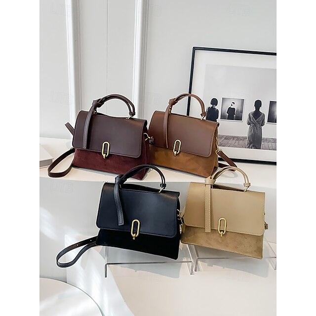 Vintage Brown Faux Leather and Suede Crossbody Handbag Elegant Top