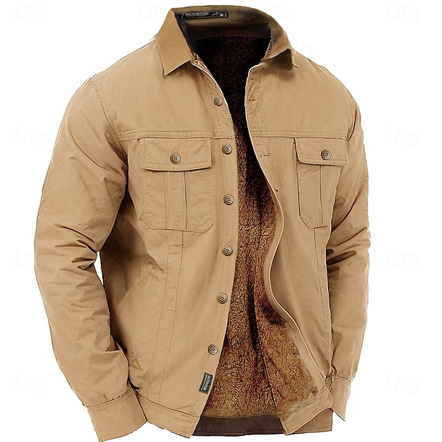  Men's Vintage Work Shirt Western Shirt Cargo Shirt Long Sleeve Casual Sports & Outdoor Going out Fall Winter Turndown Button-Down Army Green Khaki