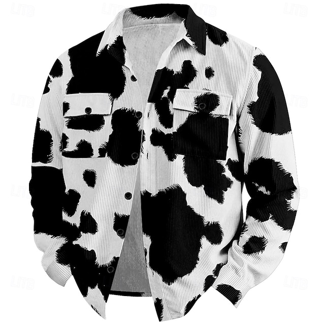  Men's Cow Print Corduroy Shirt Shirt Jacket Overshirt Long Sleeve Vintage Tribal Dailywear Fall & Winter Turndown Collared Shirts Buttons 3D Print 2 Pockets 1pc White+Black