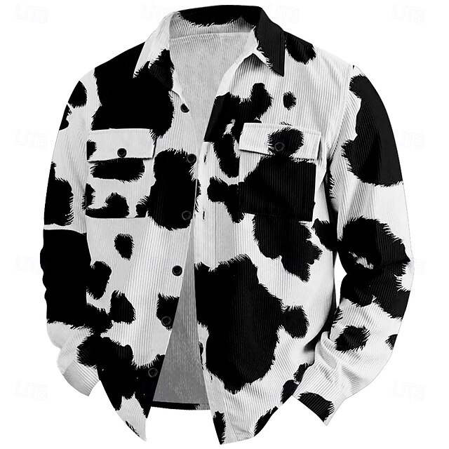 Men's Cow Print Corduroy Shirt Shirt Jacket Overshirt Long Sleeve Vintage Tribal Dailywear Fall & Winter Turndown Collared Shirts Buttons 3D Print 2 Pockets 1pc White+Black4