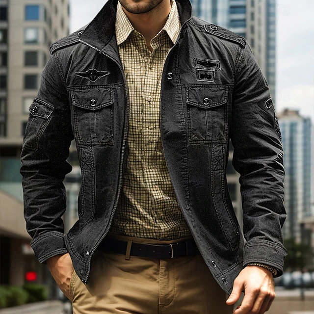 Men's Bomber Jacket Varsity Jacket Tactical Jacket Casual Wearable Multi Pocket Spring Fall Winter Military Military Style Stand Collar Regular Cotton Black Khaki Army Green Jacket 20