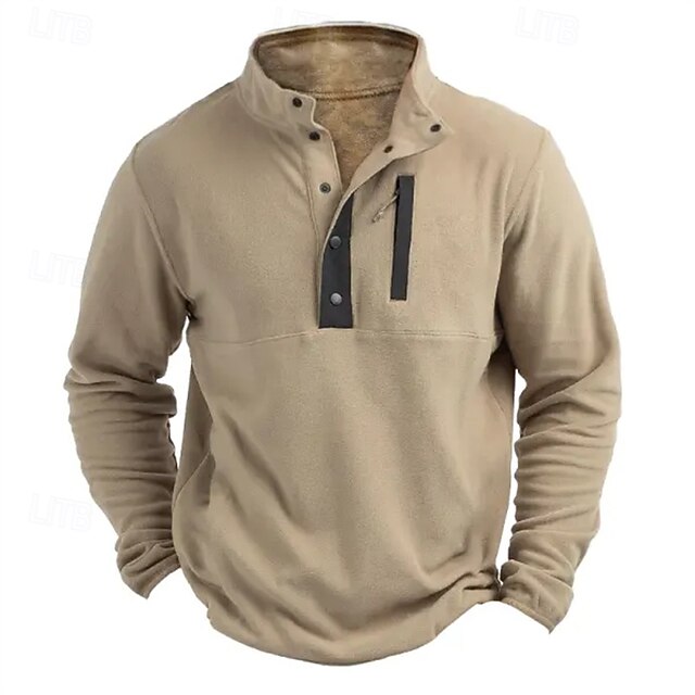 Men's Sweatshirt Khaki Standing Collar Plain Zipper Sports & Outdoor