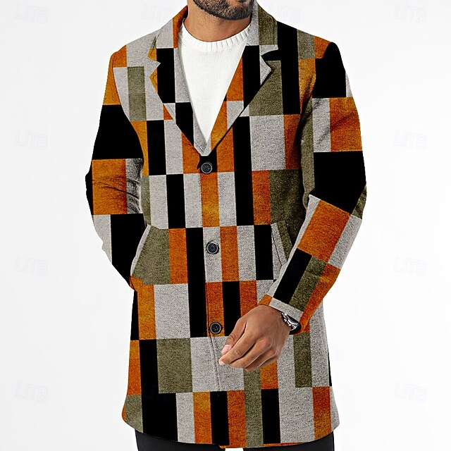 Men's Plaid Winter Coat Fleece Jacket Overcoat Thermal Comfortable Casual Street Outdoor clothing Daily Wear 3D Print Buttons Front Pocket Winter Turndown Long Sleeve Orange4