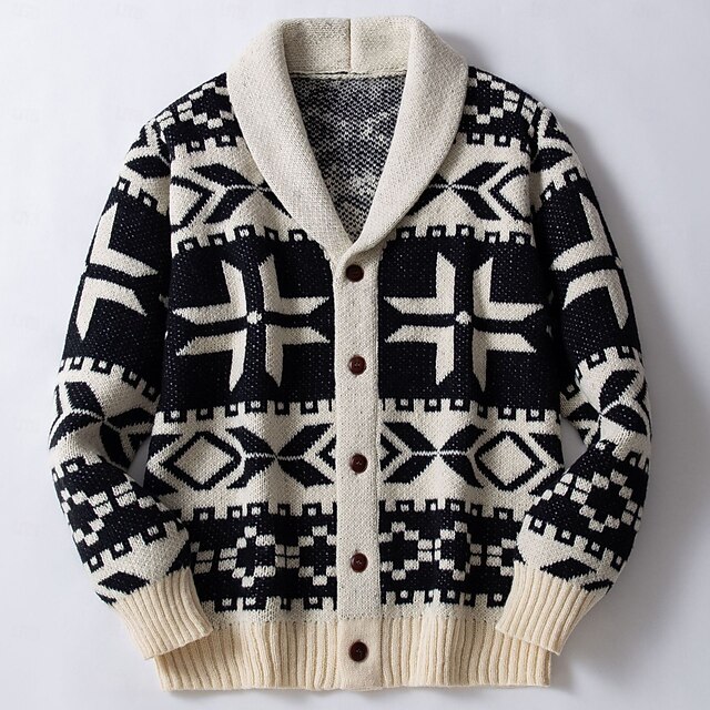 Men's Jacquard Sweater Cardigan Sweater Cropped Sweater Knit Sweater Ribbed Crochet Knit Regular Knitted Jacquard Plaid / Striped / Chevron / Round Shawl Collar Fashion Classic Daily Wear Date 7