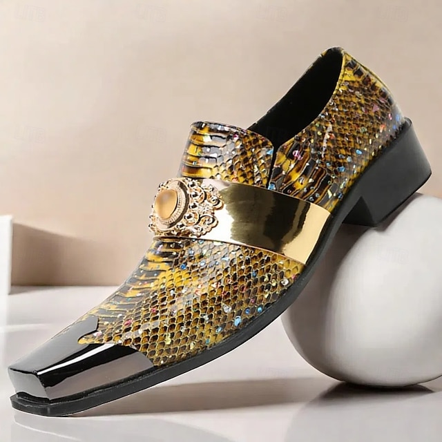  Men's Snake Print Leather Slip-On Dress Shoes with Gold Tip Gold Metal Embellishment–Premium Cowhide, Formal Party Footwear