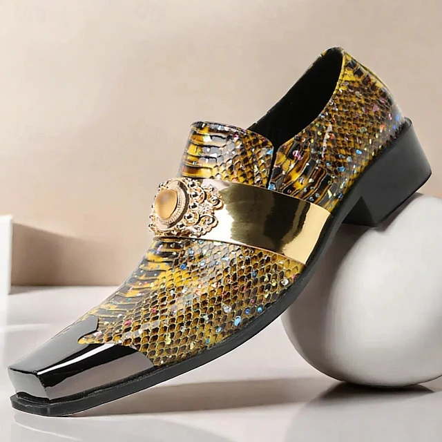 Men's Snake Print Leather Slip-On Dress Shoes with Gold Tip Gold Metal Embellishment–Premium Cowhide, Formal Party Footwear 11
