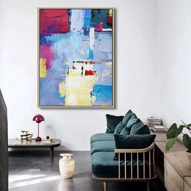 Handmade Hand Painted blue oil painting Large Creamy Beige Abstract