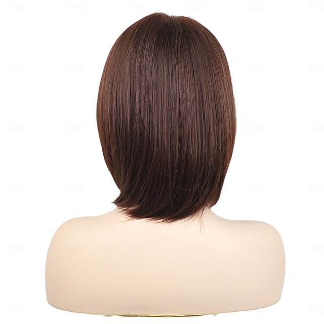 Shoulder Length Dark Brown Straight Bob Wigs Synthetic Medium Length