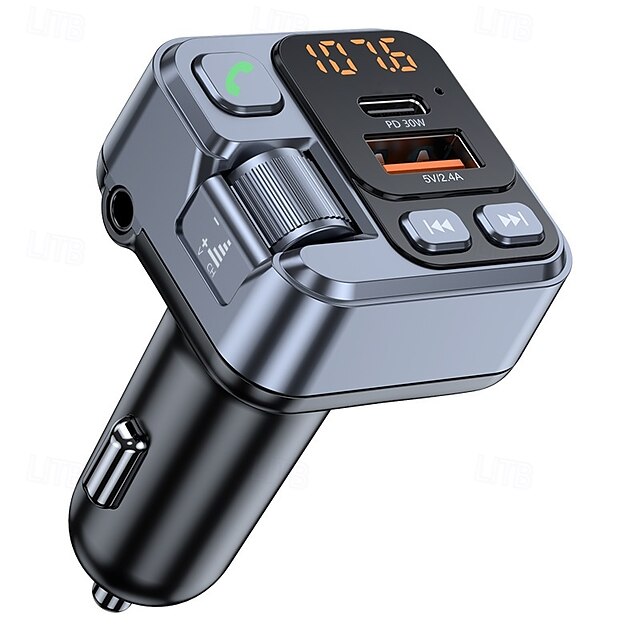  Car Charger 30W Fast Charging Adapter FM Bluetooth Transmitter Handsfree Call with Voltage Monitor MP3 Player for IPhone Samsung