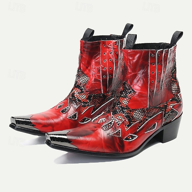  Bota de Motocicleta Masculina de Couro de Cobra Vermelha – Bota Canela Estilo Ocidental com Bico Pontudo Detalhe de Corte em Chama com Ponta Dourada para Moda Ousada