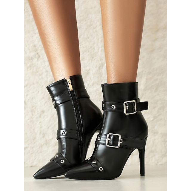  Women's Black Stiletto Ankle Boots with Buckle Straps and Pointed Toe - Edgy High Heel Boots for Night Out and Party Looks