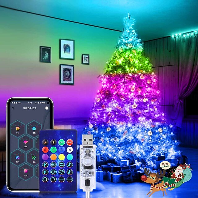  20m 200 diod LED USB Bluetooth RGB łańcuch świetlny z punktem sterowania, zmieniający kolor łańcuch świąteczny dekoracja okna do samodzielnego montażu scena świąteczna i świąteczne oświetlenie