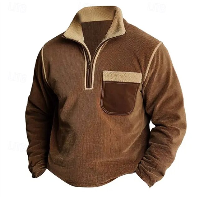 Men's Sweatshirt Quarter Zip Sweatshirt Brown Half Zip Plain Pocket