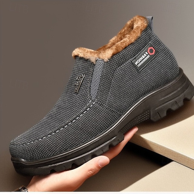  Schwarze warme Winter-Schlupfstiefeletten für Herren mit plüschigem Fellfutter, rutschfester Sohle und strukturiertem Stoff – bequemes Outdoor-Schuhwerk