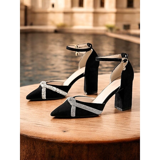  Schwarze Pumps mit Blockabsatz für Damen mit Strass-überkreuztem Riemchen und Fußkettchen – elegante Schuhe mit spitzer Spitze für formelle Anlässe