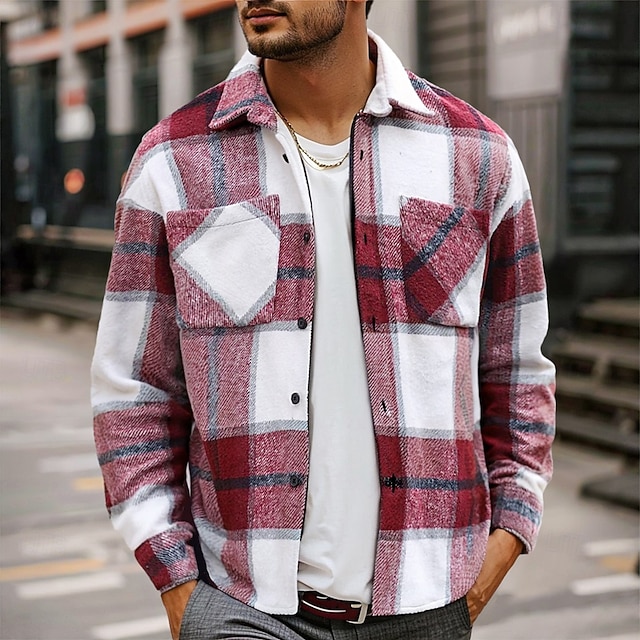 Men's Shirt Flannel Shirt Overshirt Red Blue Green Khaki Long Sleeve