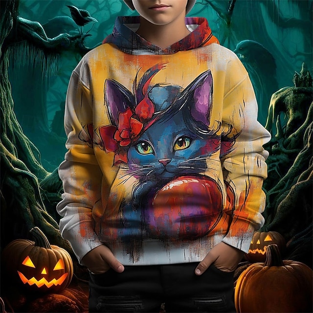  Pojkar 3D Grafisk Katt Huvtröja Långärmad Vår Höst Mode Streetwear Barn 4-12 år Huva Utomhus Ledigt Dagligen Normal