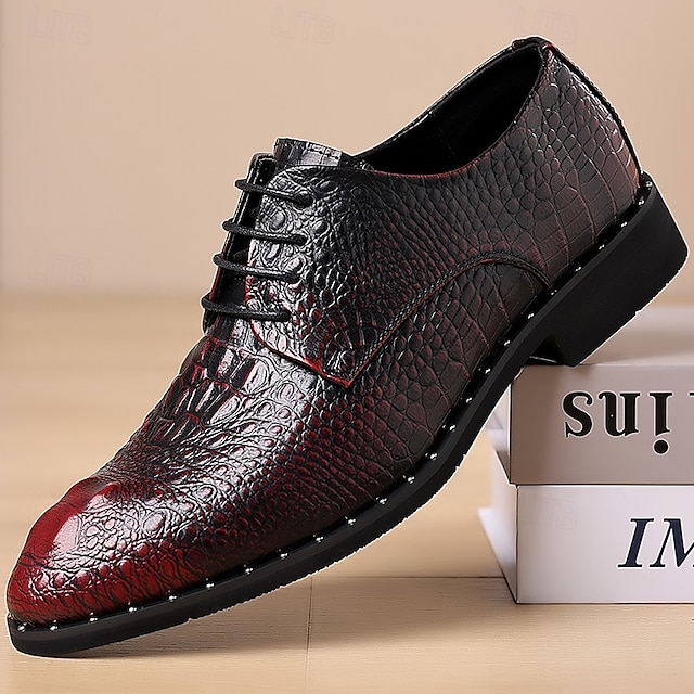 Men's Red and Black Crocodile Pattern Faux Leather Dress Shoes Lace