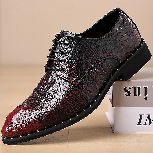 Men's Red and Black Crocodile Pattern Faux Leather Dress Shoes - Lace-Up Formal Oxfords with Embossed Design, Perfect for Business, Weddings, and Special Occasions 27