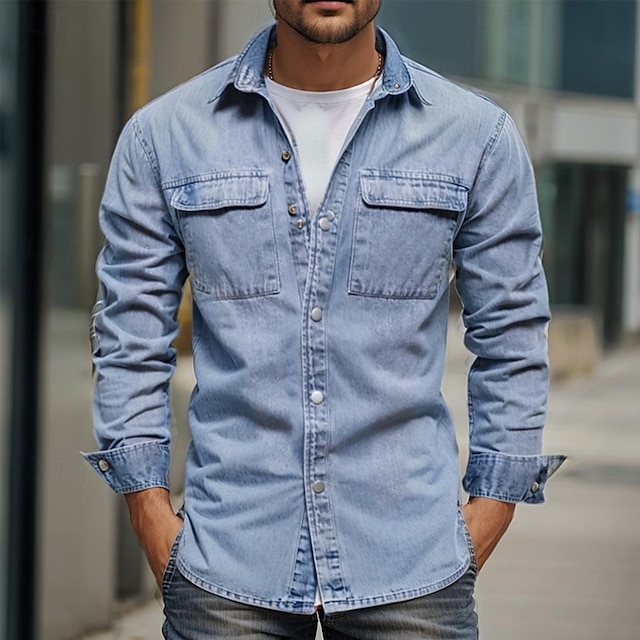  Herren Lässiges Hemd Overshirt Jeanshemd Feste Farbe Heim B¨¹ro Hellblau Dunkelgray Langarm Kragen Sommer Frühling Bekleidung Knopf